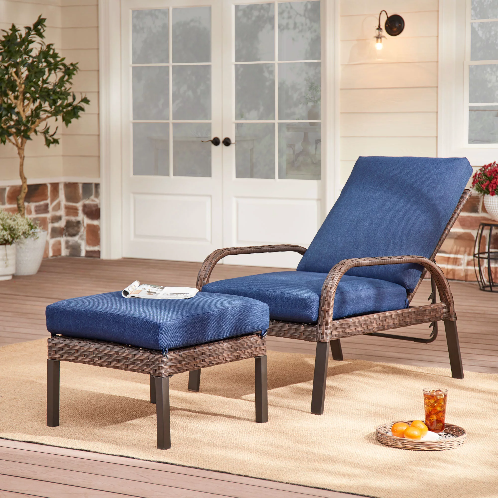 Mainstays Tuscany Ridge 2-Piece Wicker Reclining Chaise Lounge, Blue