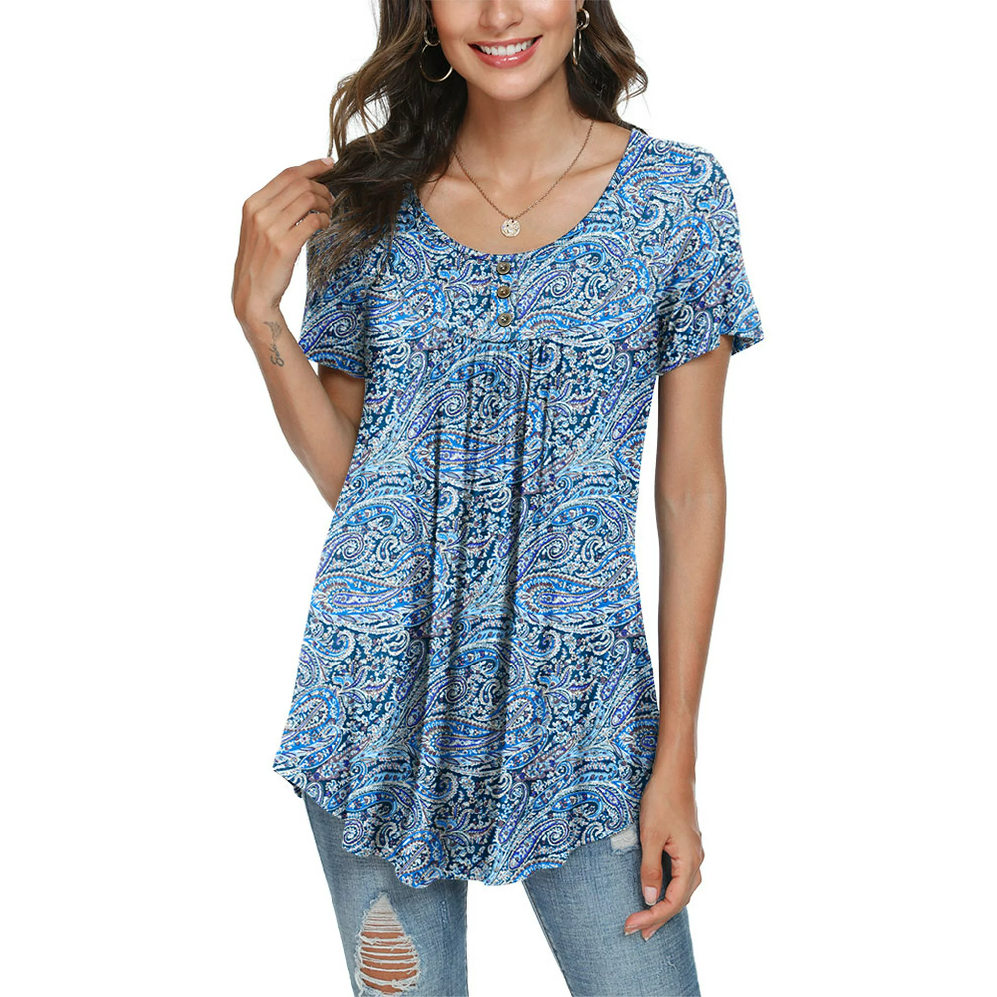 POPYOUNG Women's Summer Short Sleeve Tunic Tops Fit Pleated Blouses