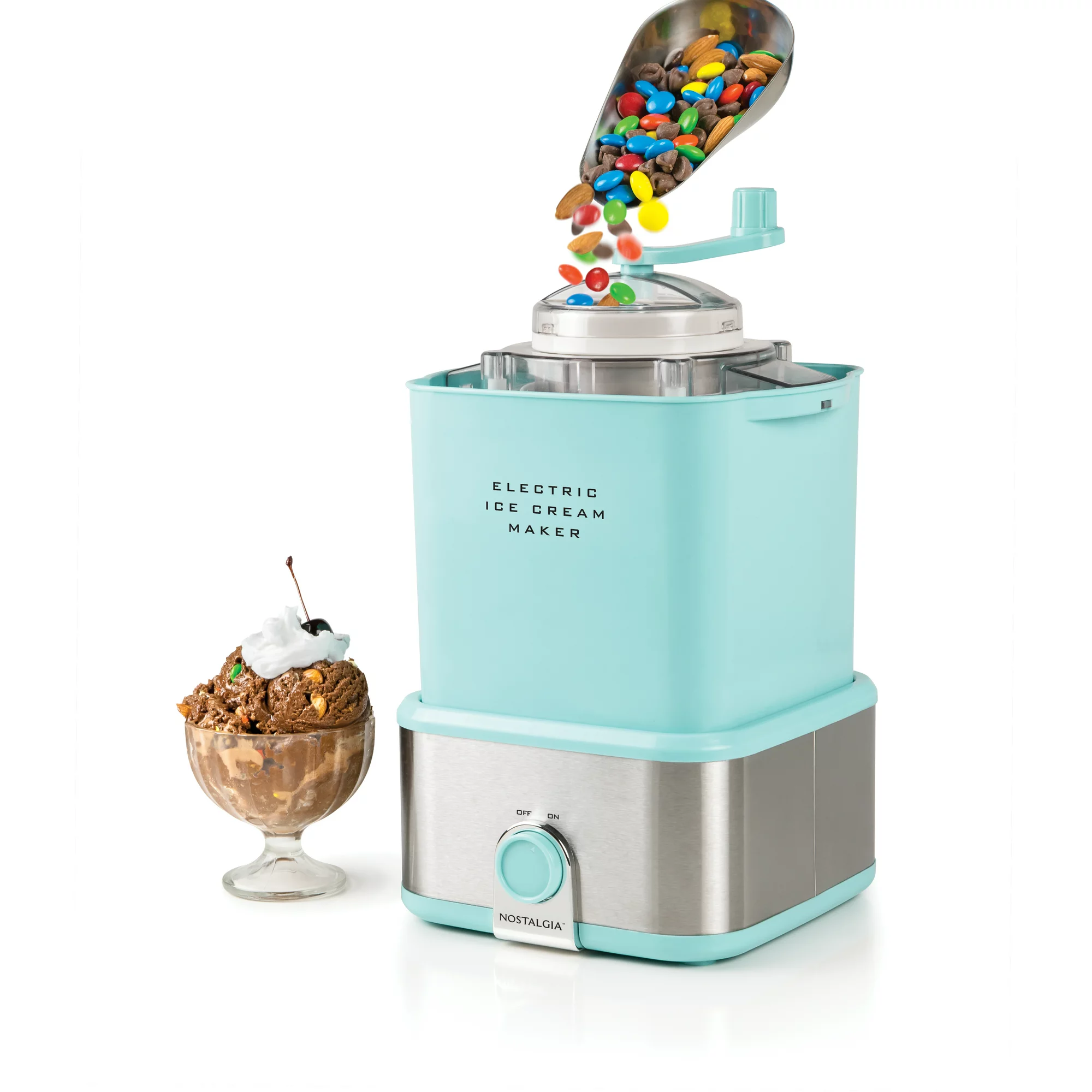 Nostalgia 2-Quart Electric Ice Cream Maker with Candy Crusher, Aqua, Stainless Steel